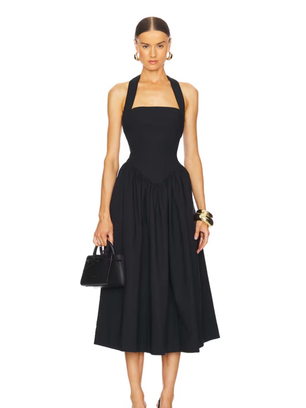 Helsa Faille Black Halter Midi Dress